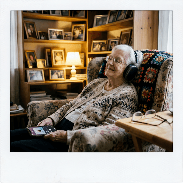 Grandma smiling while listening to her personalized song